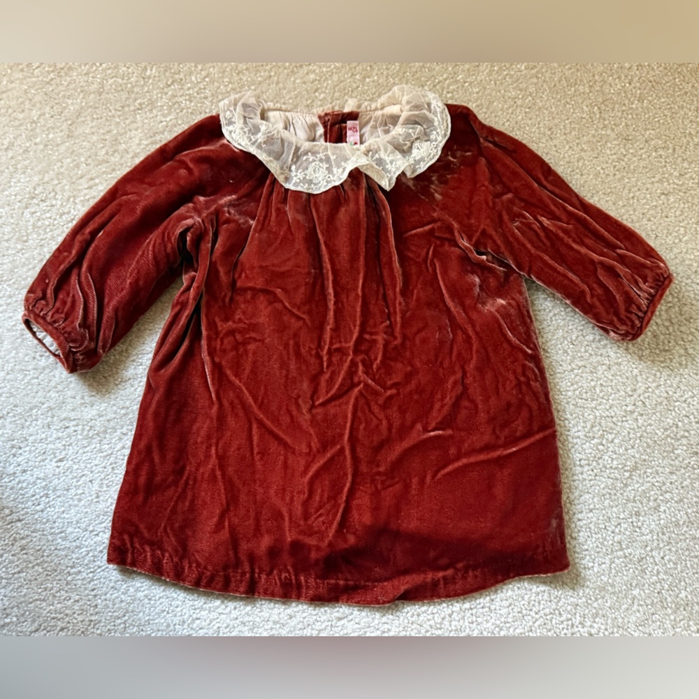 Bonpoint Flavili Dress 12M 1Y Red Velvet Dress with Lace Trim